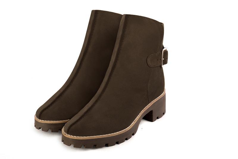 Dark brown women's ankle boots with buckles at the back. Round toe. Low rubber soles. Front view - Florence KOOIJMAN